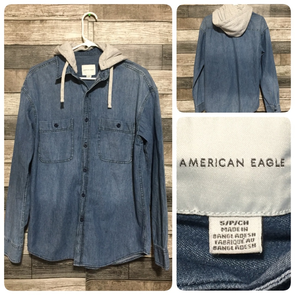 American Eagle Denim Shirt Hoodie Men’s S Blue Button Up Detachable Hood - Picture 1 of 9